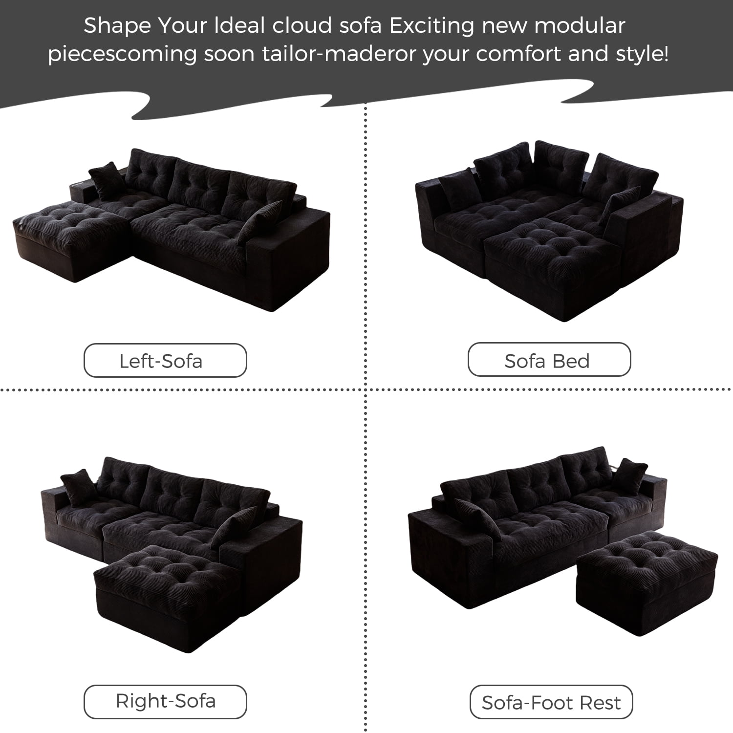 BYBYME 104"Oversized L-Shaped Sectional Sofa Cloud Boneless Modular Couch,Upholstered Sofa with Convertible Left/Right Ottoman for Living Room Bedroom,No Assembly,BLACK