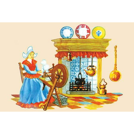 A Dutch maiden spins yarn on a spinning wheel  In the 1930s the classic homemaker could purchase decals applied by water to decorate the kitchen furniture or anything else they desired  These are