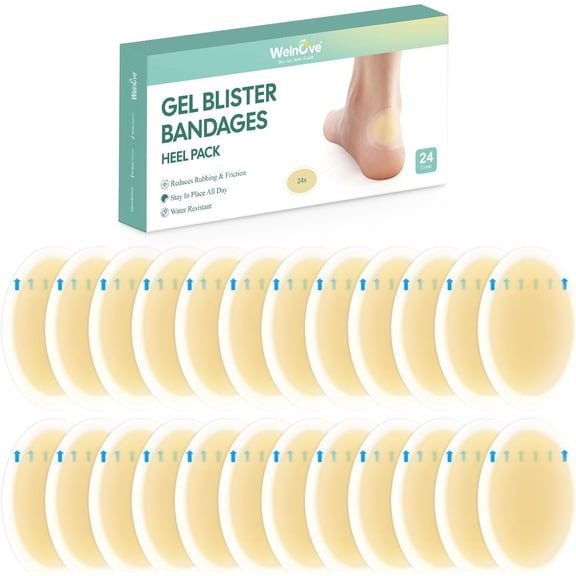Welnove Gel Blister Bandage - 24 PCS Hydrocolloid Bandages for Prevention & Recovery, Blister Cushions for Heel, Toes & Foot, Blister Bandages for High Heels, Sandals, Wedding, Party (Heel Pack)