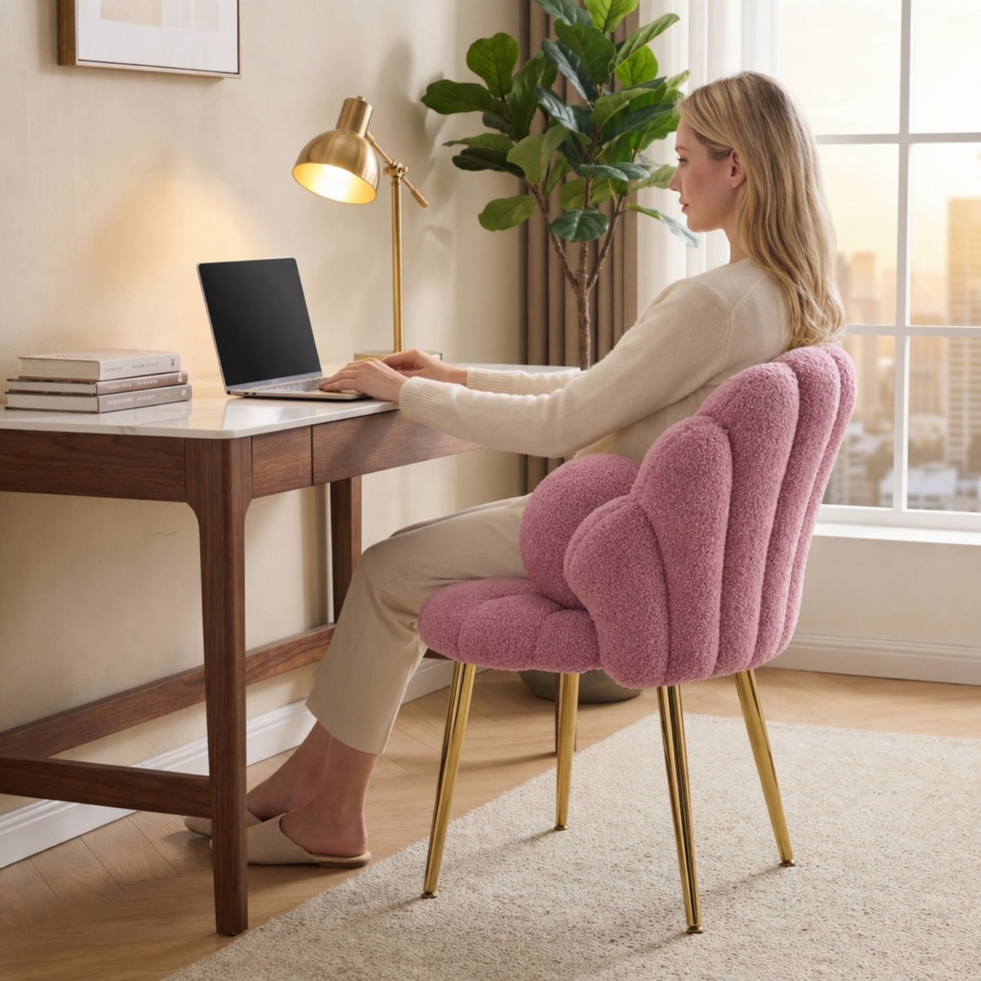 Ktaxon Vanity Makeup Chair with Teddy Velvet, Shell Design Accent Desk Chair with Lumbar Pillow and Gold Legs, Office Seating for Women Purple
