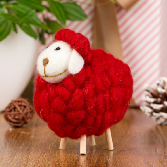 Felted Wool Sheep Decorative Figurines,The Sheep Statuette,Irish Plush Sheep Felt, Standing Felted Sheep Ornaments Birthday Gift，Red Lamb