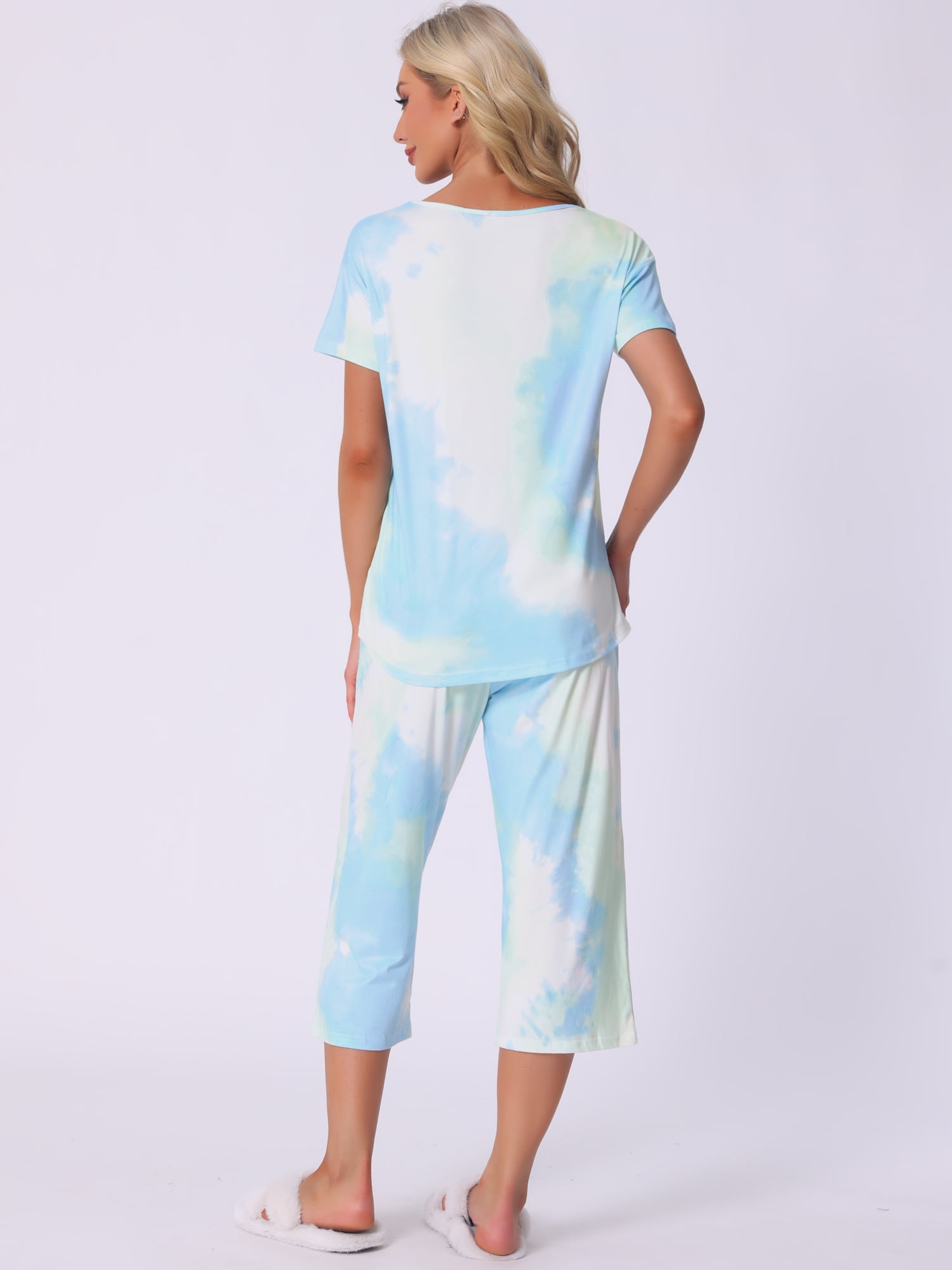 DARING DIVA Women's Short Sleeve Tie Dye Capri Pants with Pockets Loungewear S Green