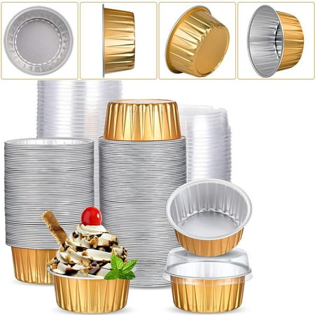 

95 Pieces 125 ml Muffin Liners Cups with Lids and Spoons Set 5 oz Reusable Aluminum Foil Cupcake Ramekins Mini Disposable Spoons for Muffin Pie Desserts Pudding (Gold)