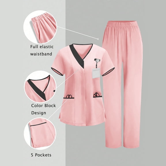 Chaoheng Nurse Uniform Scrub Sets Women's Nurse Uniform Scrubs Set Solid V-Neck Short Sleeve Tops & Pants 2-Piece