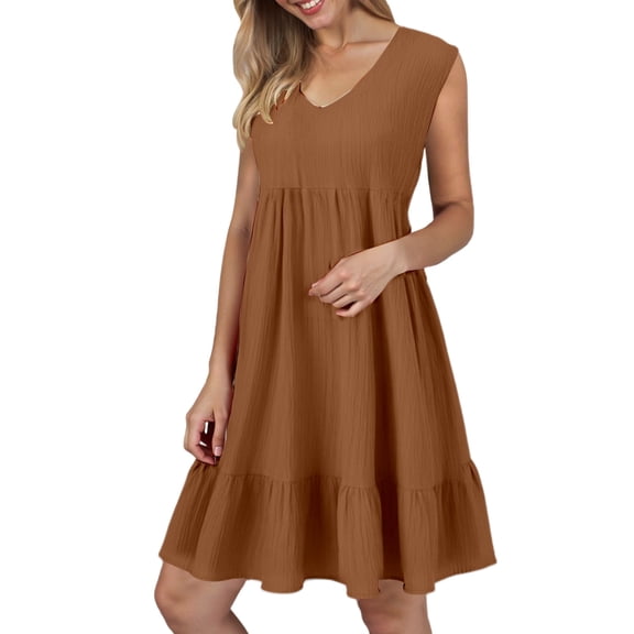 oqasdz Women's Casual Dress Sleeveless V Neck Flowy Ruffles Solid Color T Shirt Dress Lightweight Relaxed Loose Summer Dress, L