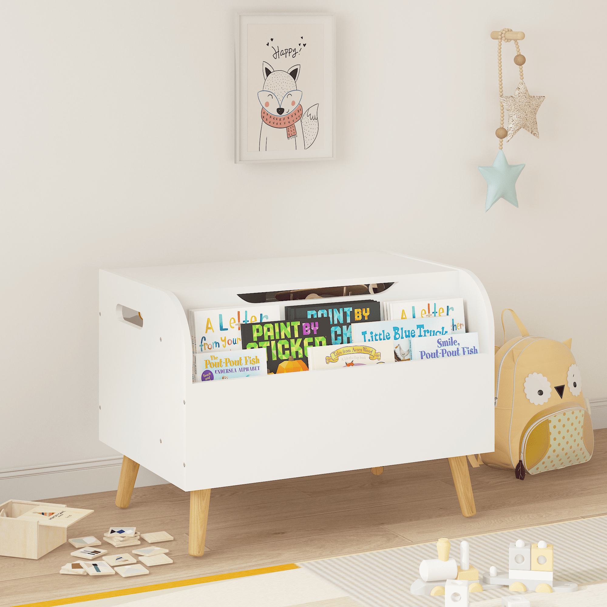 Baby Furniture, Wooden Toy Box, Kids Toy Storage Organizer with Front Bookshelf, Flip-Top Lid, Safety Hinge, Boys Girls Toy Chest Bench for Playroom Kids Room Organization (White), Kids Furniture
