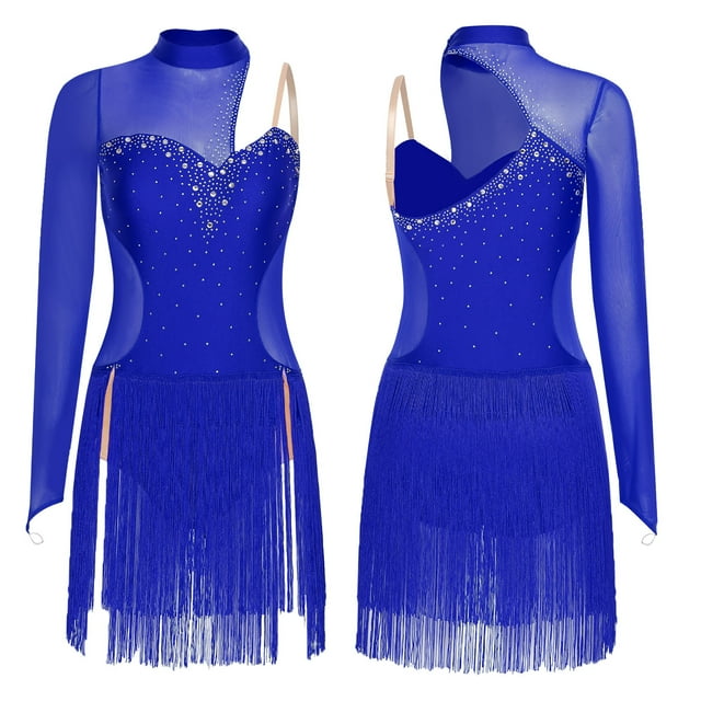 renvena Robe de Danse Latine de Ballroom pour Femmes Rumba Samba Tango Salsa à Épaule Asymétrique avec Pompons Mini Bleu m