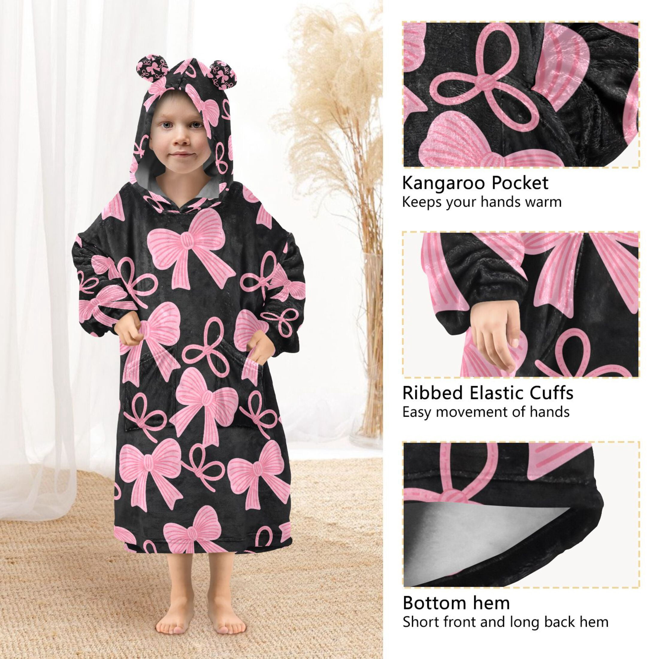 joogoo Wearable Blanket Hoodie for Pink Bows Flannel Sherpa Pocket 3-14 YR S