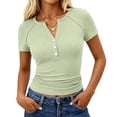 thumbnail image 6 of Dwellite Womens Summer Short Sleeve Tops V Neck Button Henley T Shirts Slim Fitted Blouses Spring Basic Tees Light Green M, 6 of 6