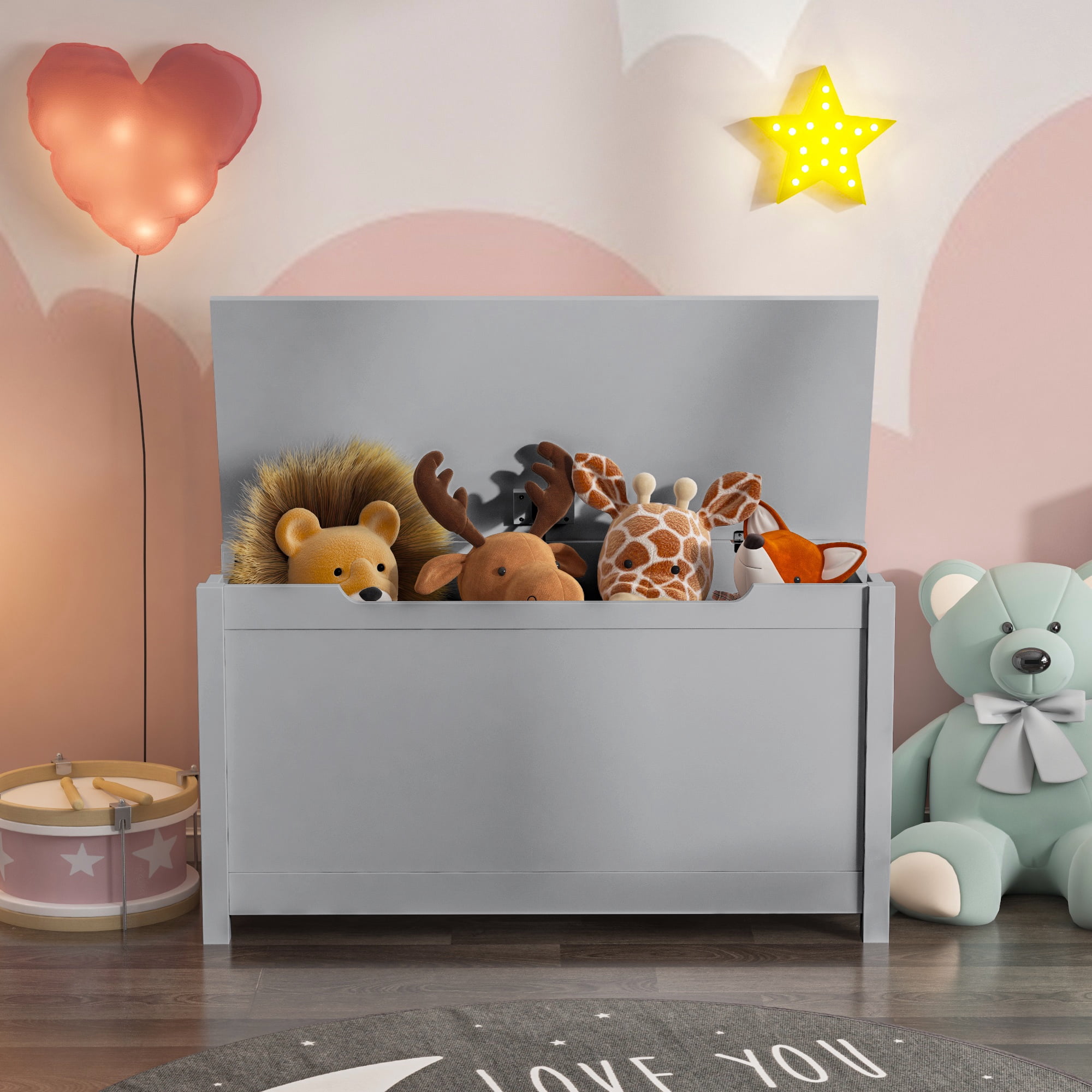Wooden Toy Chest, Toy Storage Box with Safety Hinged Lid Kids Storage Organizer Bench for Living Room Bedroom and Toddler Room, Gray