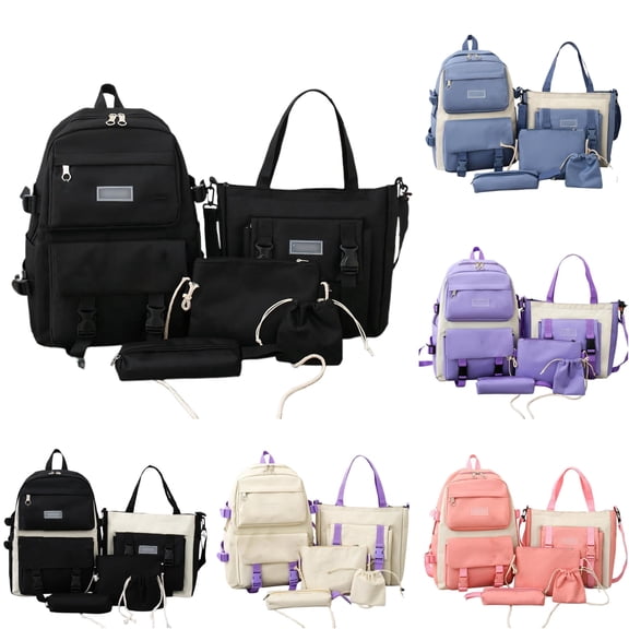 Gyujnb School Backpack, Canvas Backpack for Women Large Capacity School Bag with 5 Piece Set Lightweight Durable Bookbag for Students and Teens, Backpack for School