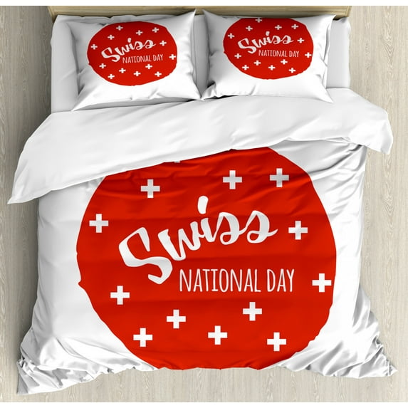 Switzerland Duvet Cover Set Queen Size, Monochrome Swiss National Day Themed Abstract Composition Hand Drawn, Decorative 3 Piece Bedding Set with 2 Pillow Shams, Vermilion and White, by Ambesonne