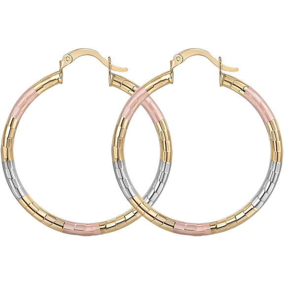 Terandius Gold Plated Tri-Color Hoop Earrings for Women, 40mm Thin Lightweight Hoop Earrings with Rose Gold and Silver Accents, Hypoallergenic Jewelry Gift for Her