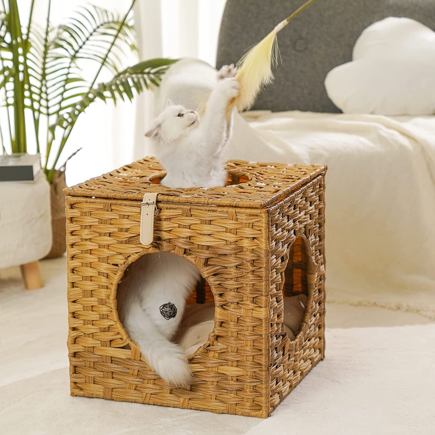 Rolife Cat Beds Hand-Woven Wicker Cat House for Indoor Cozy Cat Cave ...