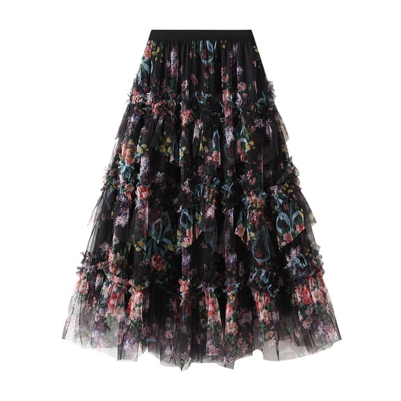 HXWCHs Women's Floral Print A-Line Mesh Skirt Mid Length Party Dance Elegant Holiday Celebration Attire One Size Black