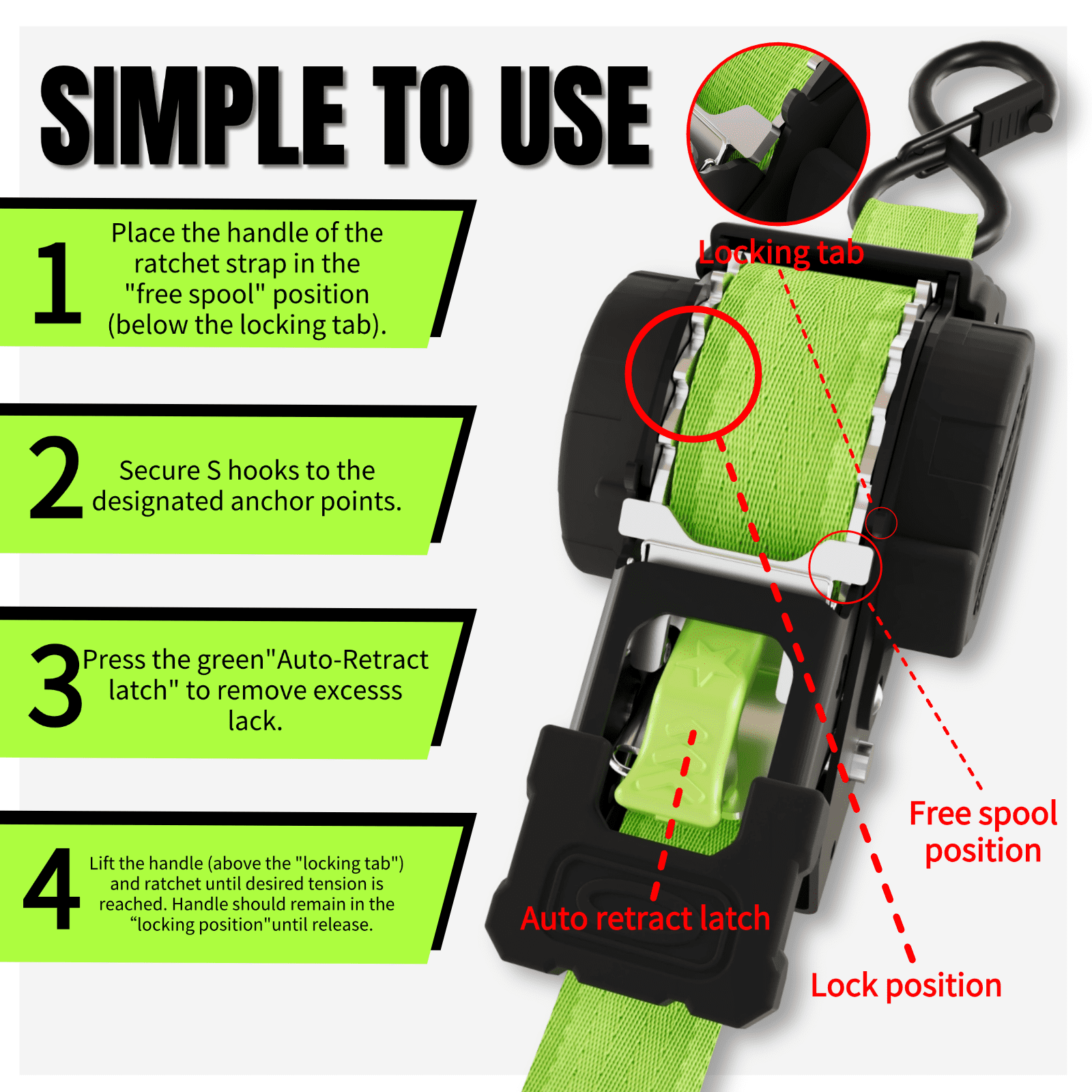 Retractable ratchet strap 2 pack Green