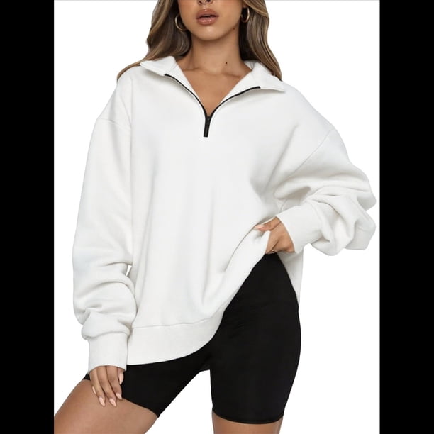 Sudadera de Entrenamiento de con Media Cremallera para Mujer, de Gran Tamaño, de Larga, Color Liso, con Hombros Caídos. M