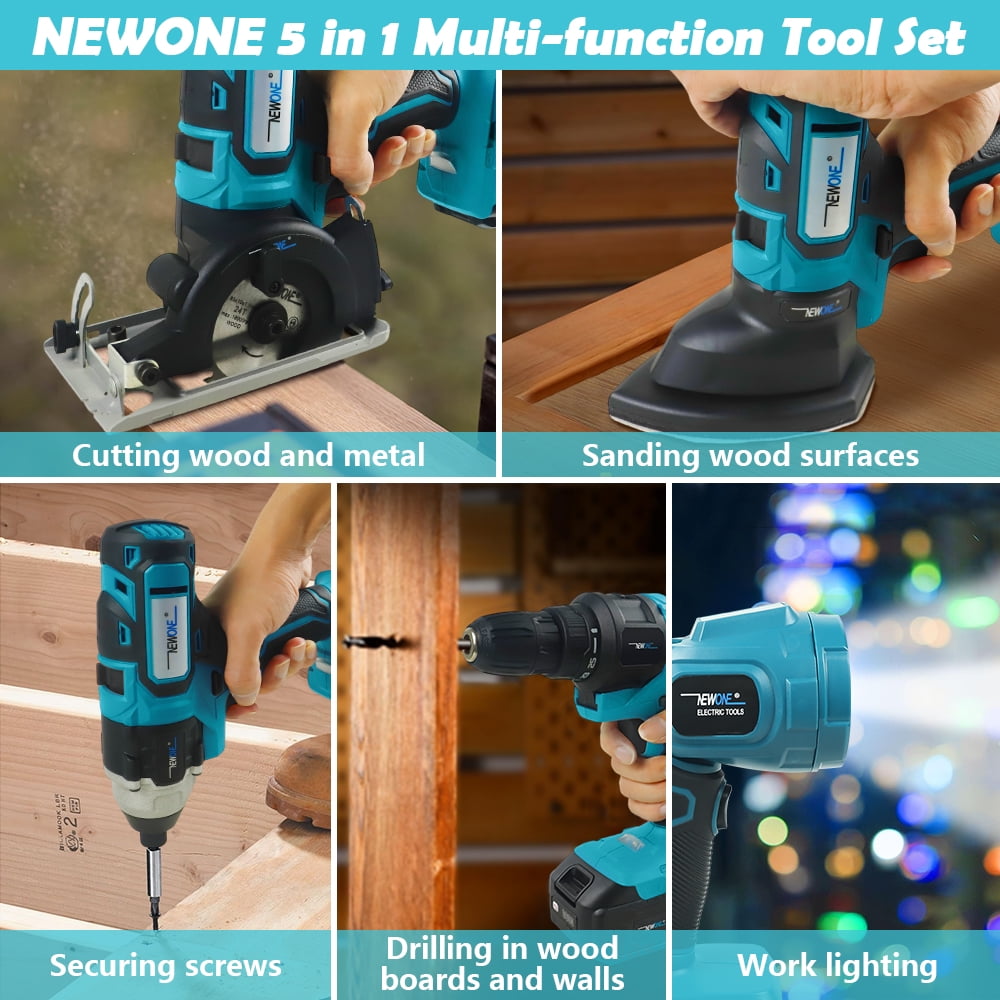 NEWONE Cordless Power Tool Combo Kit 18V 5 Attachments Work Light, Circular Saw, Palm Sander, Drill, Impact Driver 2 Batteries and Fast Charger Cordless Power Tool Set
