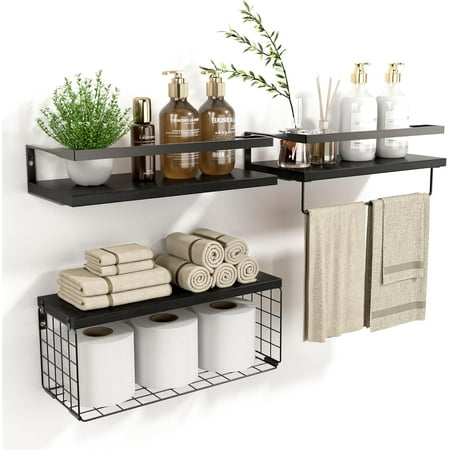 TOPCHANCES Floating Shelves, Set of 3 Wall Mounted Wood Shelves with Metal Frame and Towel Bar (Black)