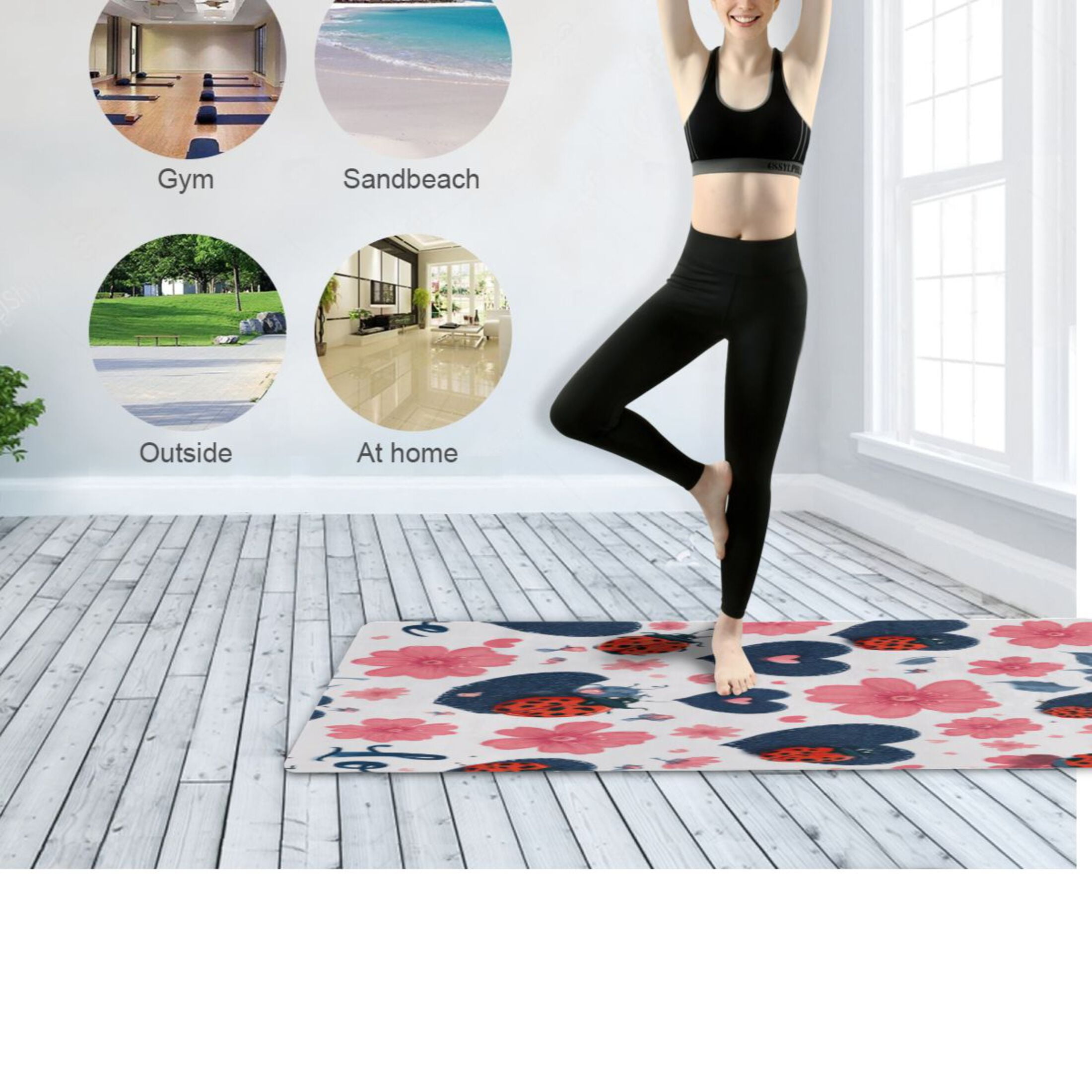 BZSMCE Yoga Mat Women Fitness Mat Floral Ladybug Heart Pattern
