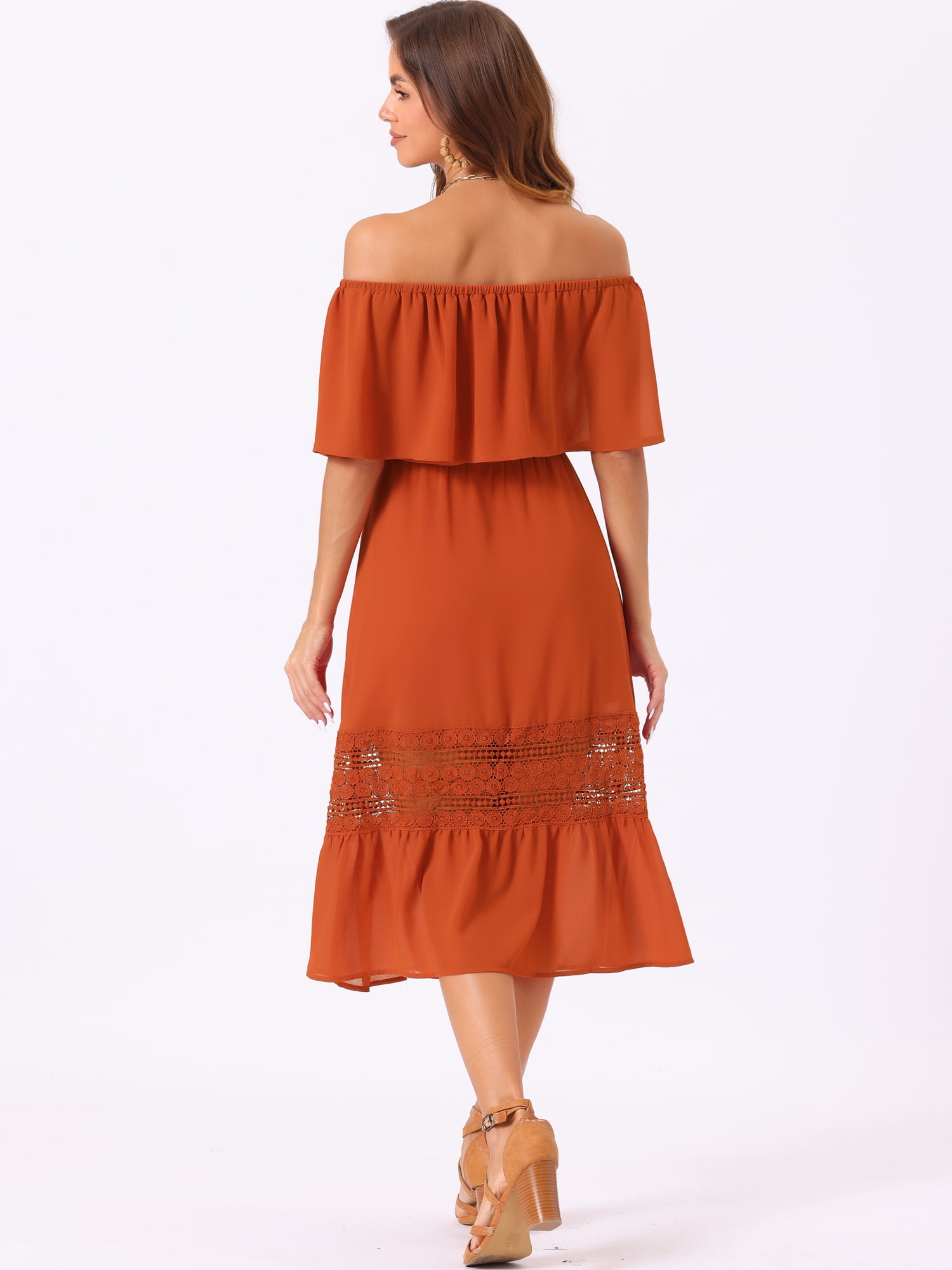 DARING DIVA Off Shoulder Flutter Sleeve Ruffle Lace Splicing Maxi Dress XS Burnt Orange