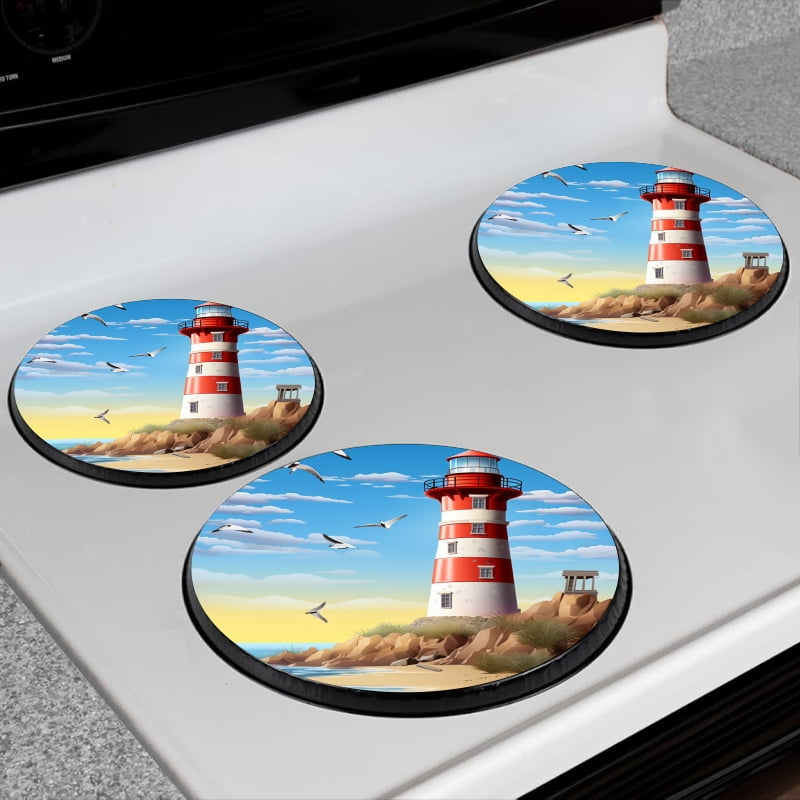 Bahomeck Gas Stove Burner Cover Set Of 4,Lighthouse On The Beach With Seagulls In The Sky Metal Electric Stove Burner Covers,Protecting Gas Stoves,Kitchen Decor，8 Inch And 10 Inch