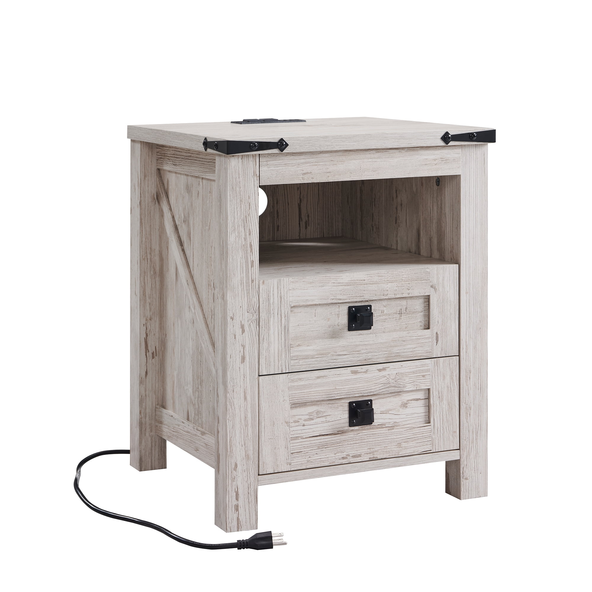 OKD Farmhouse Nightstand with Charging Station for Bedroom, 2-Drawer Rustic End Tables for Living Room, Antique Brush White