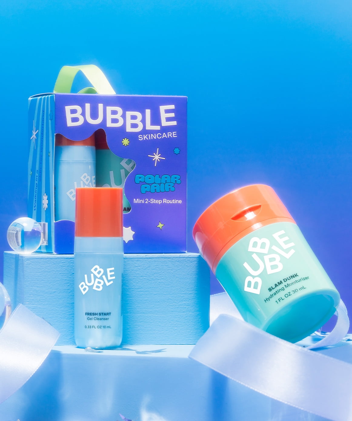 Bubble Skincare Polar Pair Holiday Gift Set, 2 Pieces with Fresh Start Gel Cleanser 10mL and Slam Dunk Moisturizer 10mL for All Skin Types