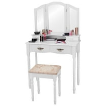 Topbuy Tri Folding Vanity Mirror Makeup Table Set w/4 Drawers & Stool White