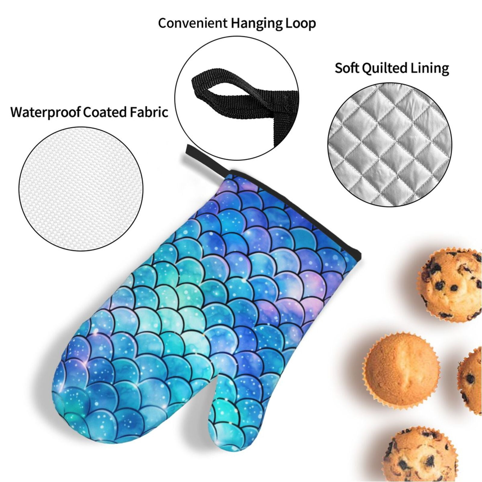 Mermaid Scales Fish Scale Blue 4Pcs Oven Mitts and Pot Holders Sets Oven Kitchen Gloves Hot Pads for Cooking BBQ Baking Grilling