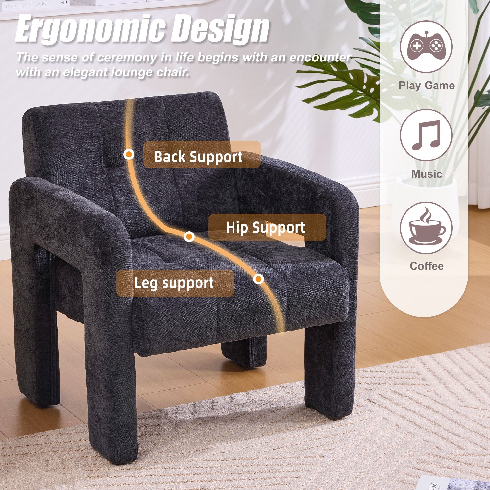 Sailvan Modern Minimalist Single Armchair,Soft Chenille Accent Chair for Living Room,Bedroom & Office,Comfy Nordic Reading Chair Black