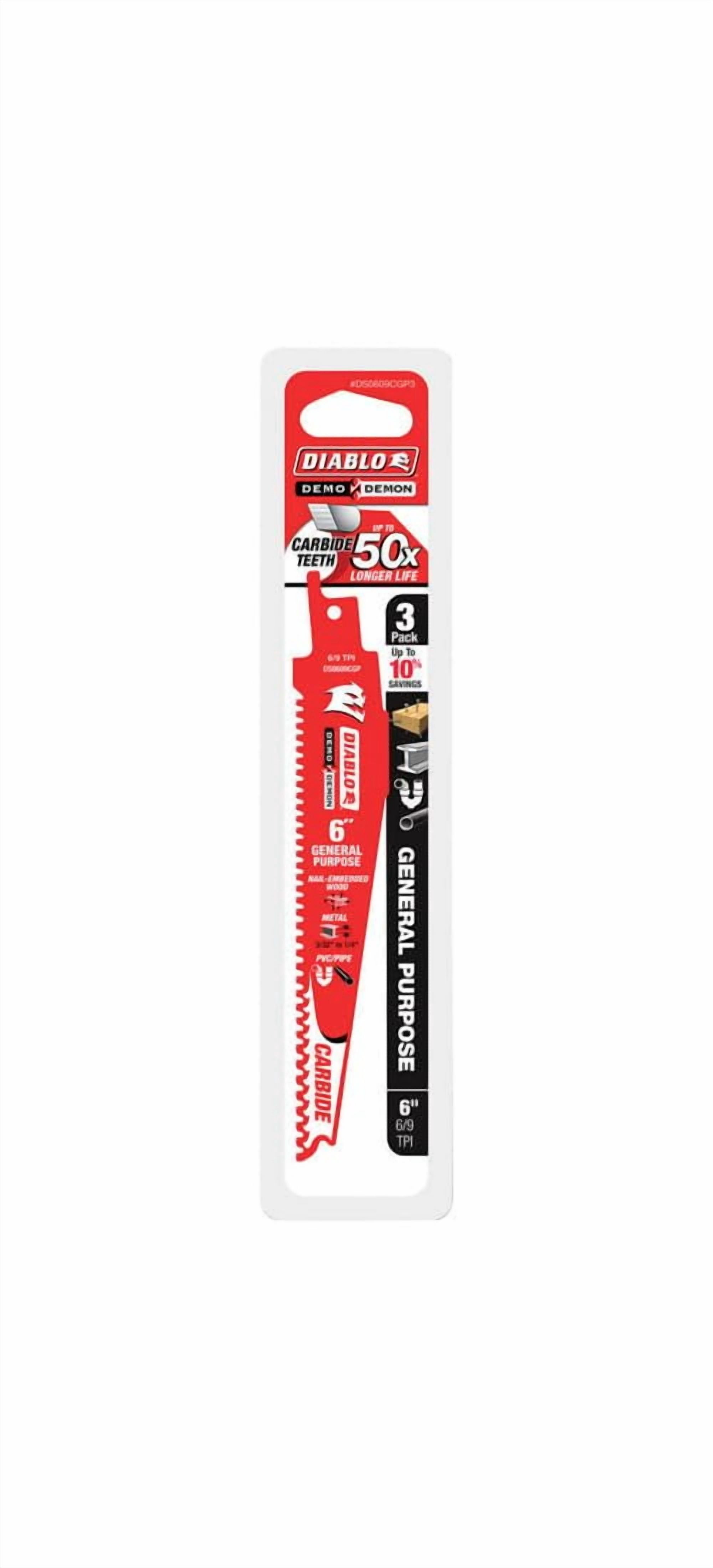 Diablo Demo Demon Carbide Teeth Reciprocating Saw Blades for General Purpose Cuts - 6" Length, 3 TPI, 3-Pack - DS0609CGP3