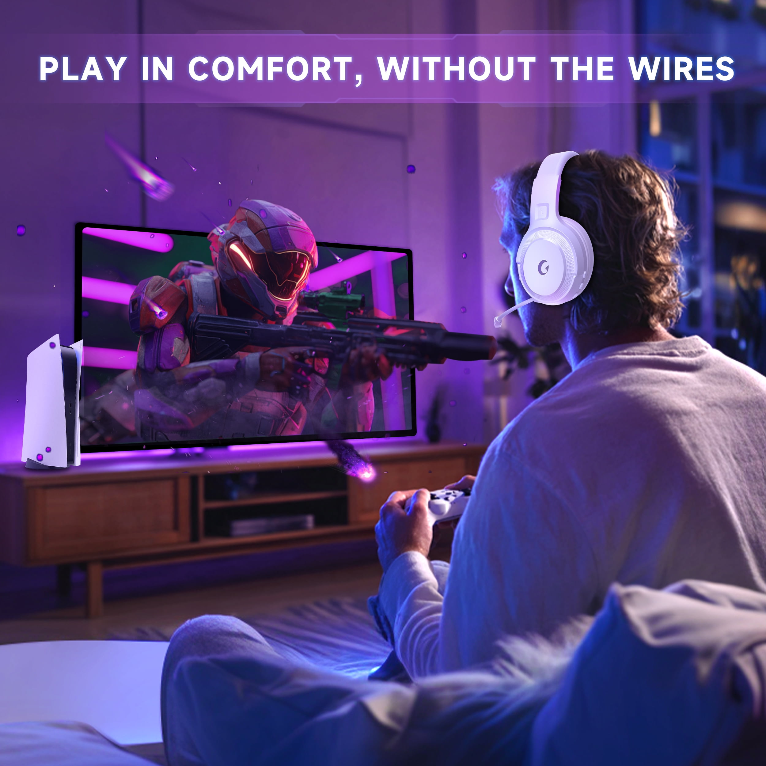 AYEDLOE Wireless Gaming Headset for PC, PS5, PS4, Switch, Mac with Dual EQ (Game & Music), 2.4G USB Gaming Headphones with Noise Cancelling Mic, 50H Playtime, 3.5mm Wired Mode for Xbox, White