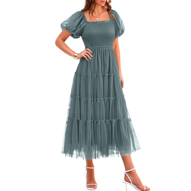 Vestido PRETTYGARDEN Midi con Fruncido, Tul y Mangas Abullonadas Verde Salvia XL