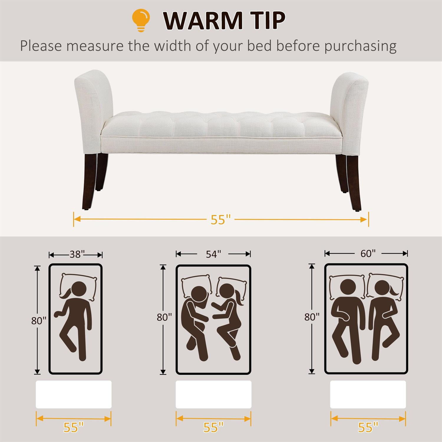 Demi Bonn 55" Upholstered Bench with Button Tufted Design, Armrest & Solid Wood Ends for Bedrooms, Comfortable Seating & Stylish Decor, White
