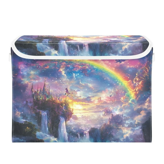 WOBOGO Rainbow Fairyland Large Collapsible Storage Box Flip Lid Fabric Decorative Organizer Container Basket with Handles 16.5×12.6×11.8in