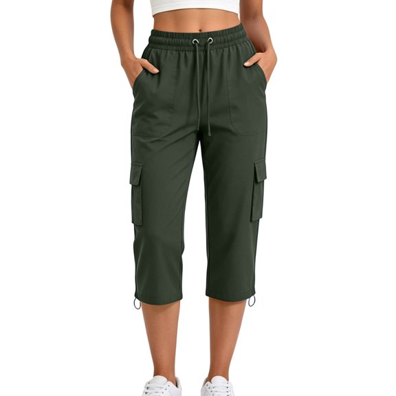 Guluxicc Women's Cargo Pants with Multi Pocket Elastic Waist Drawstring Cropped Trousers for Everyday Summer Fall