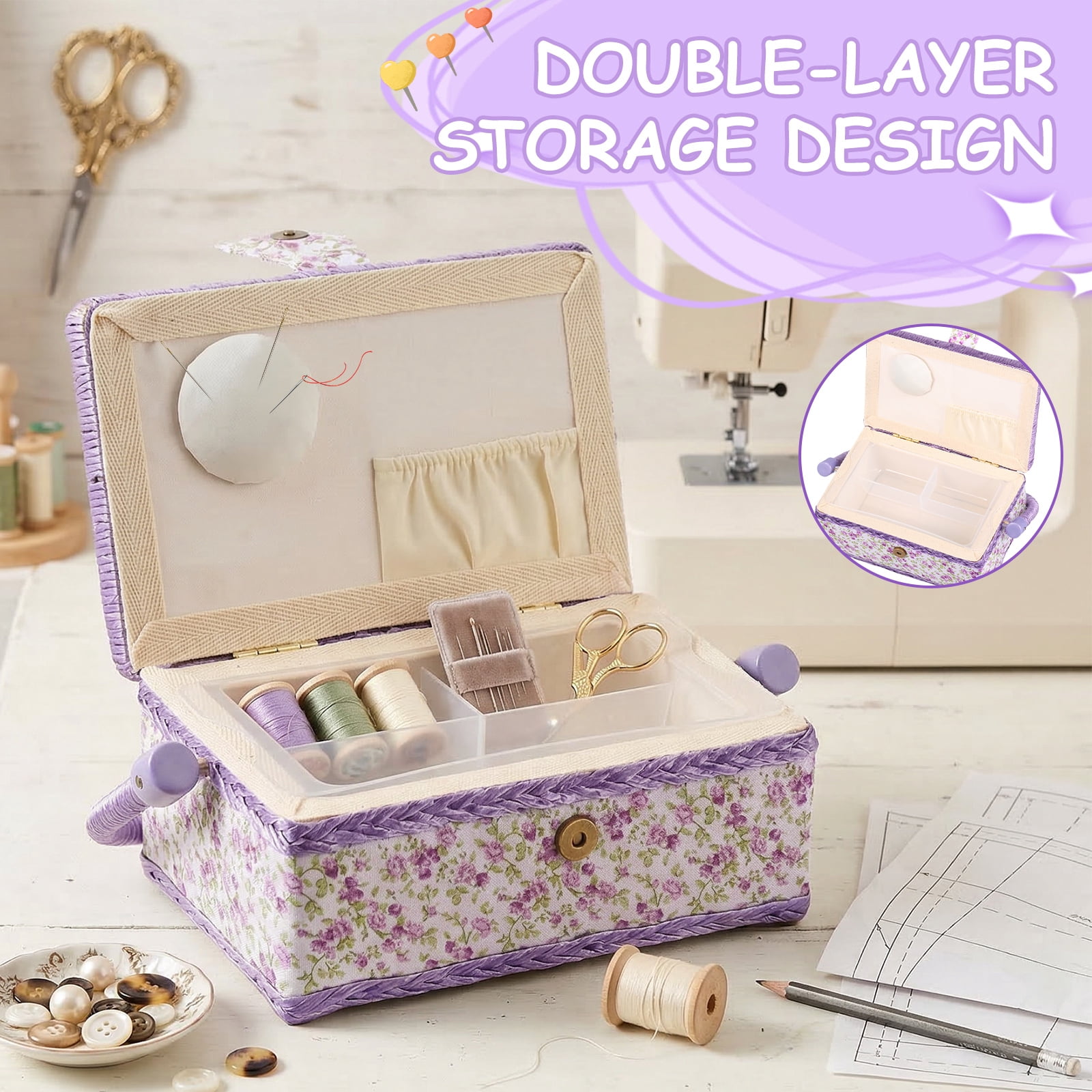 Atopoler Floral Sewing Basket,Vintage Wood Sewing Box with Tray and Handle for Traveling Beginner Professional,No Accessories,Purple Color