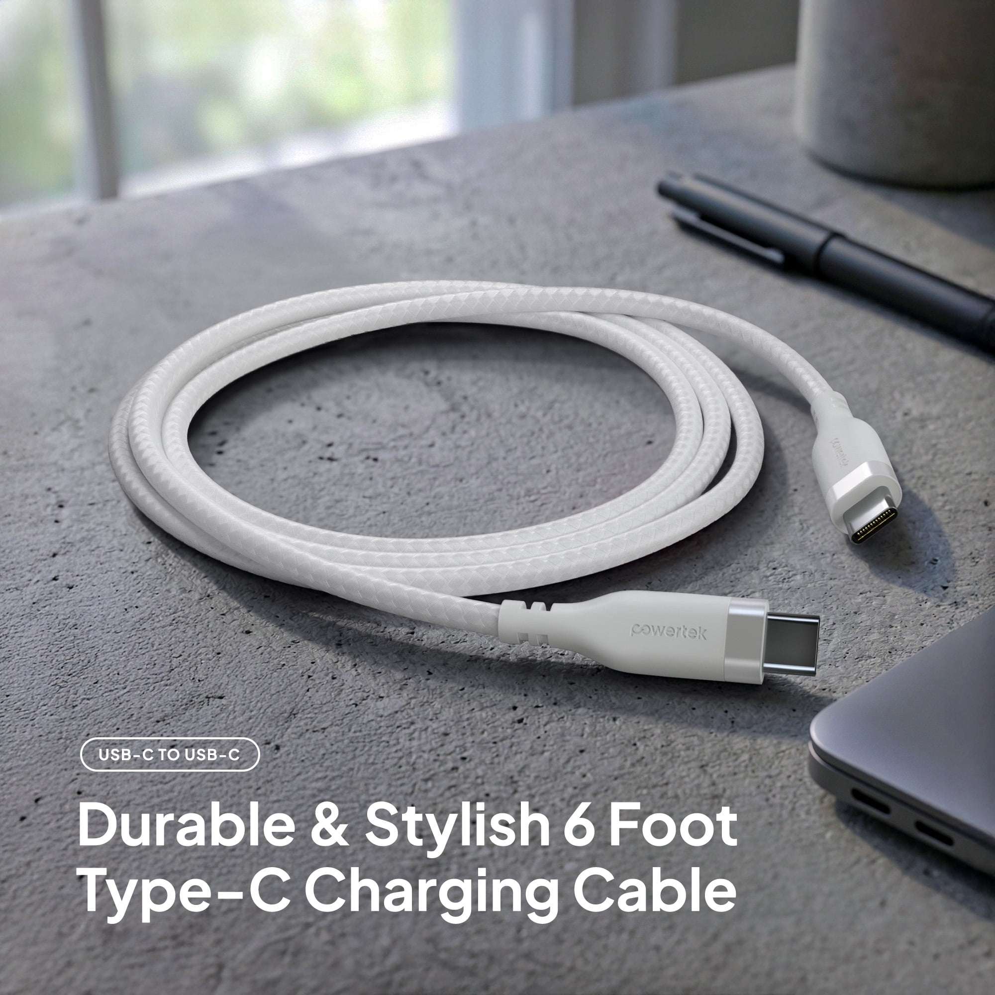 Powertek USB-C to USB-C Fast Charging Cable, 60W, 6 ft, Carbon Design Texture, White