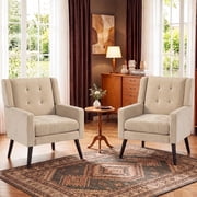 Wansaly Modern Tufted Accent Chairs, Linen Upholstered Armchairs with Solid Wood Legs, Set of 2, Beige, for Living Room, Bedroom, Office
