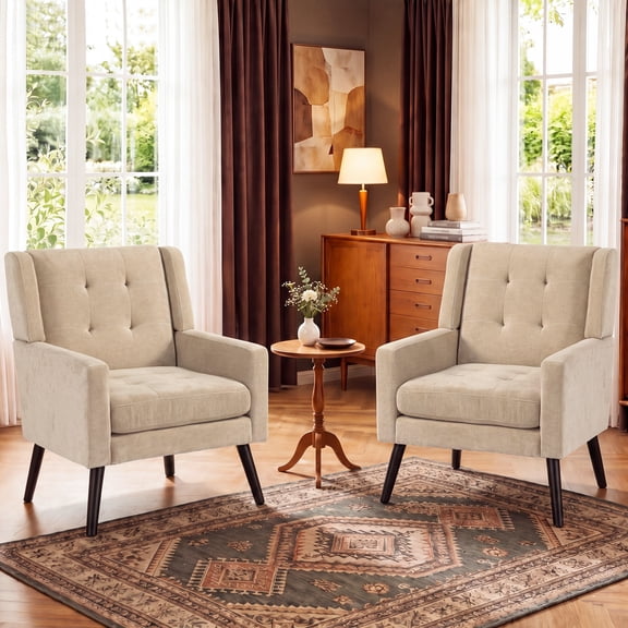 Wansaly Modern Tufted Accent Chairs Set of 2, Linen Upholstered Armchairs with Solid Wood Legs, Beige, for Living Room, Bedroom, Office