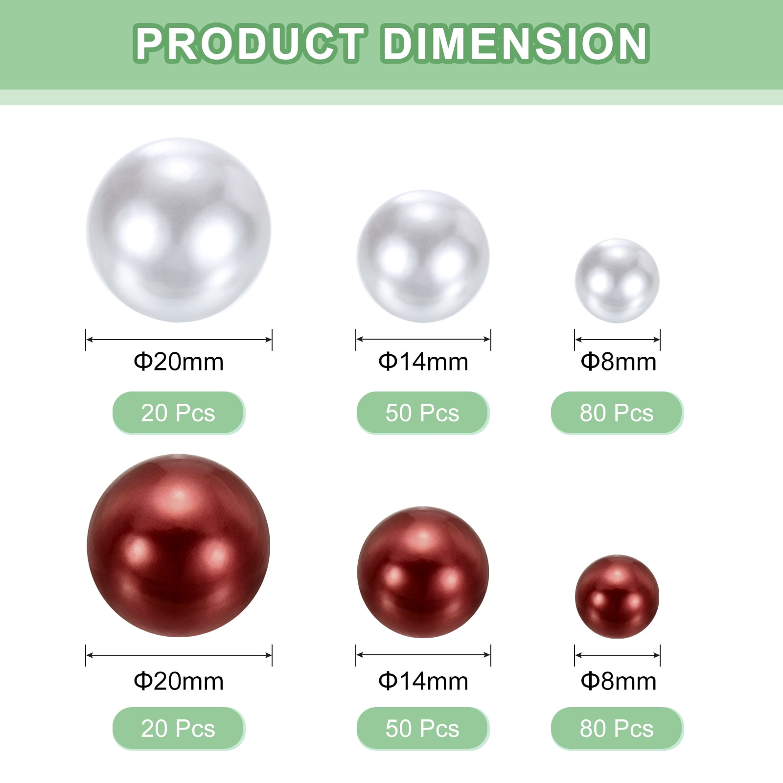 Uxcell 300Pcs Faux Pearl for Crafting, 8/14/20mm No Hole Round Pearls Beads, White/Red