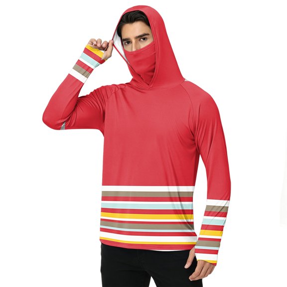 LTTVQM Adult Male Lightweight Cooling Sun Hoodie Simple Two Tone Striped Print Integrated Neck Gaiter Attached Face Shield Breathable Outdoor Sports Shirt Red 4XL