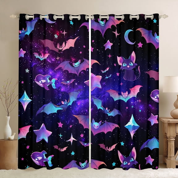 Homewish Boys Girls Kawaii Bats Cats Whale Black Out Curtains,Galaxy Starry Sky Curtains Pack of 2 (42x63 Each),Abstract Gradient Stars Print Bedroom Curtains,Lightweight Room Decor