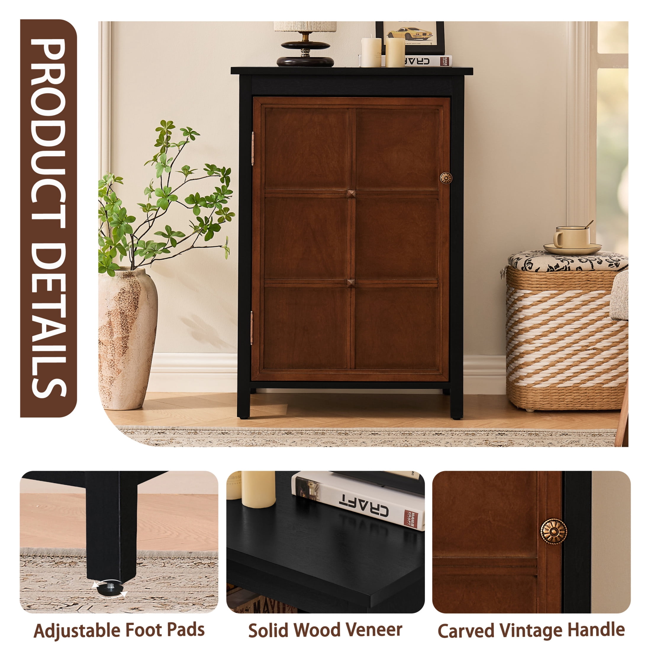 GDF Studio 34.2" Tall Mid-Century Modern Floor Cabinet with Door & Adjustable Shelf, Black+Walnut