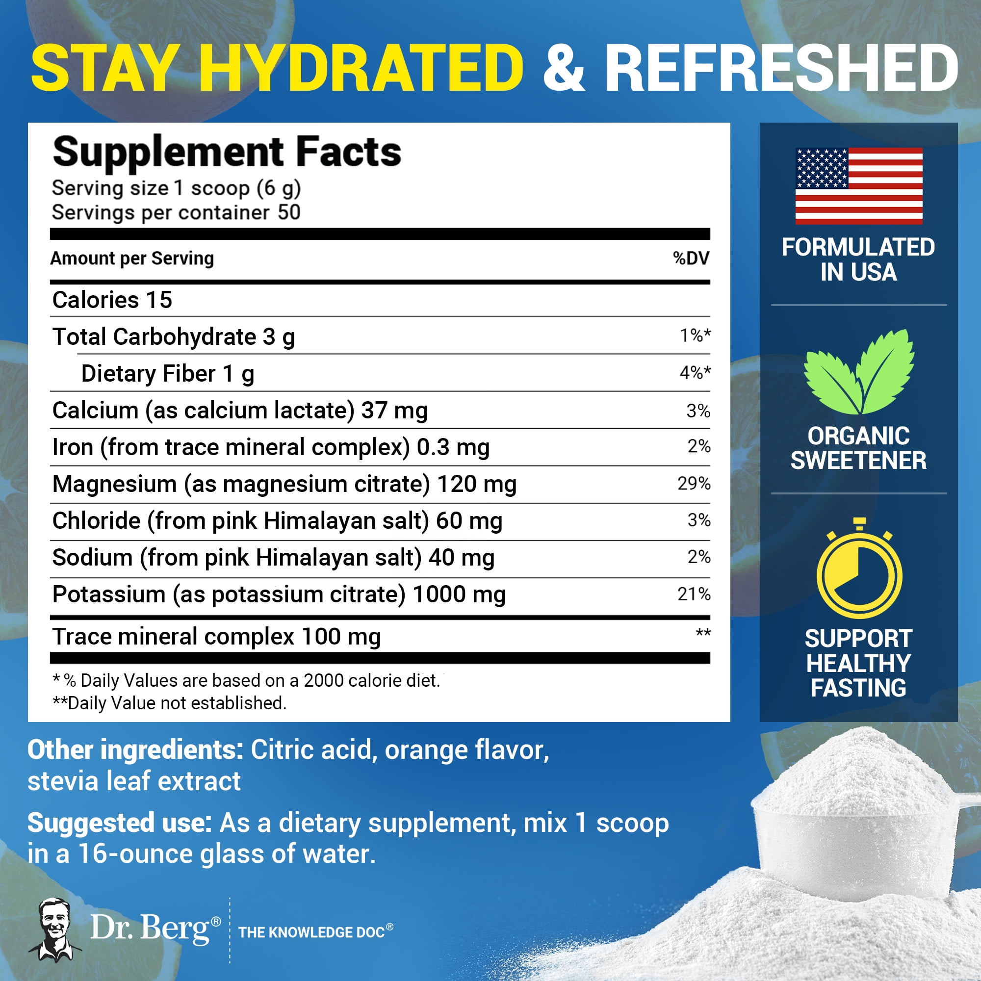 Dr. Berg Electrolyte Powder - Orange Hydration Powder, 50 Servings