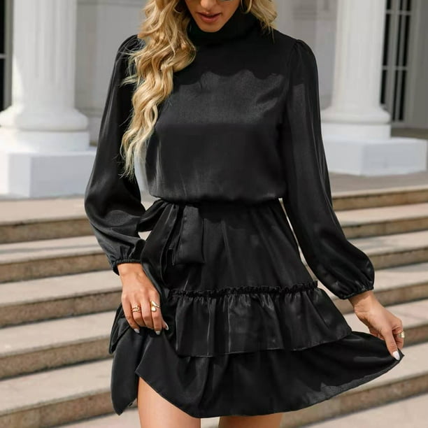 Black long sleeve ruffle dress deals