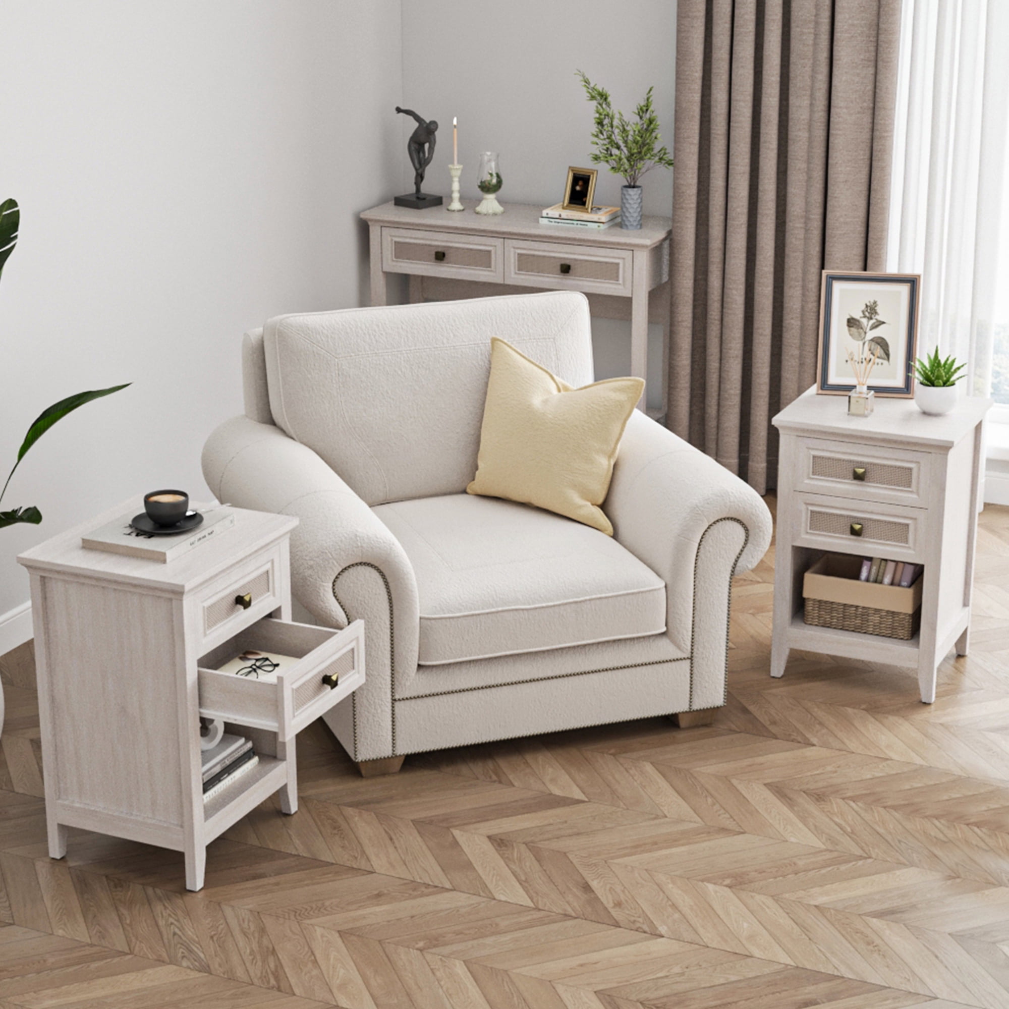 Mintazer Farmhouse Rattan Nightstand, Bedside Table with 2 Drawer & Open Storage Compartment, Accent End Table for Bedroom & Living Room, White