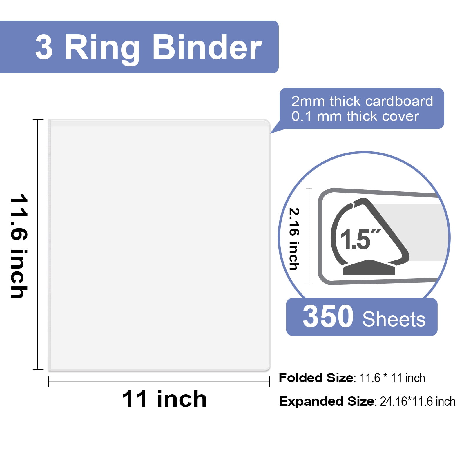 Comix Sturdy 1.5 inch D-Ring Binders,3 Ring Binder with Clear View Cover, Holds 350 Sheets Paper,6 Packs White 2mm-thick