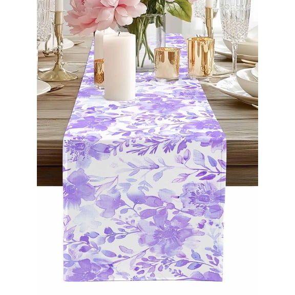 Table Runner Watercolor Flower Table Runners Purple Floral Plant Cotton Linen Dresser Scarf Kitchen Dining Table Decor for Home Dinner Party Decor 13x36 Inch